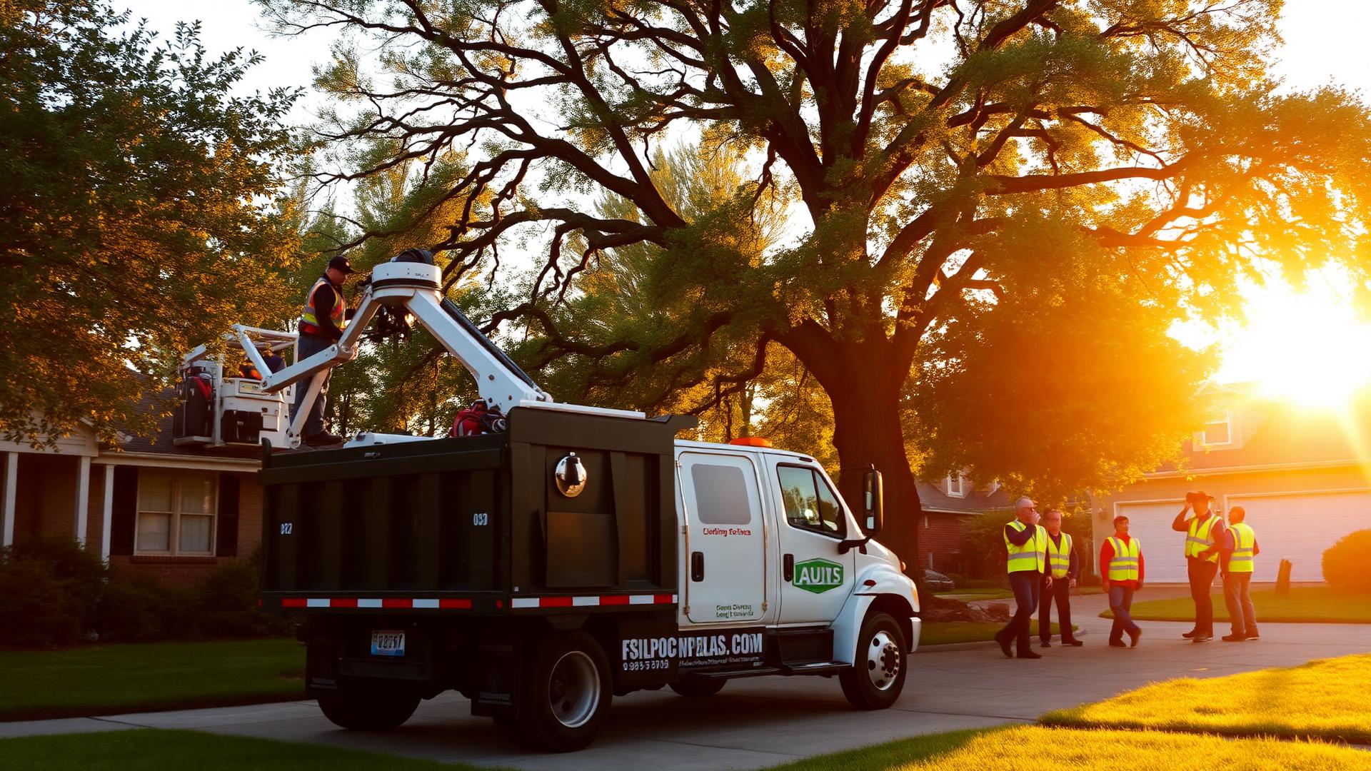 Perez's Investment LLC crew trimming a tree at golden hour